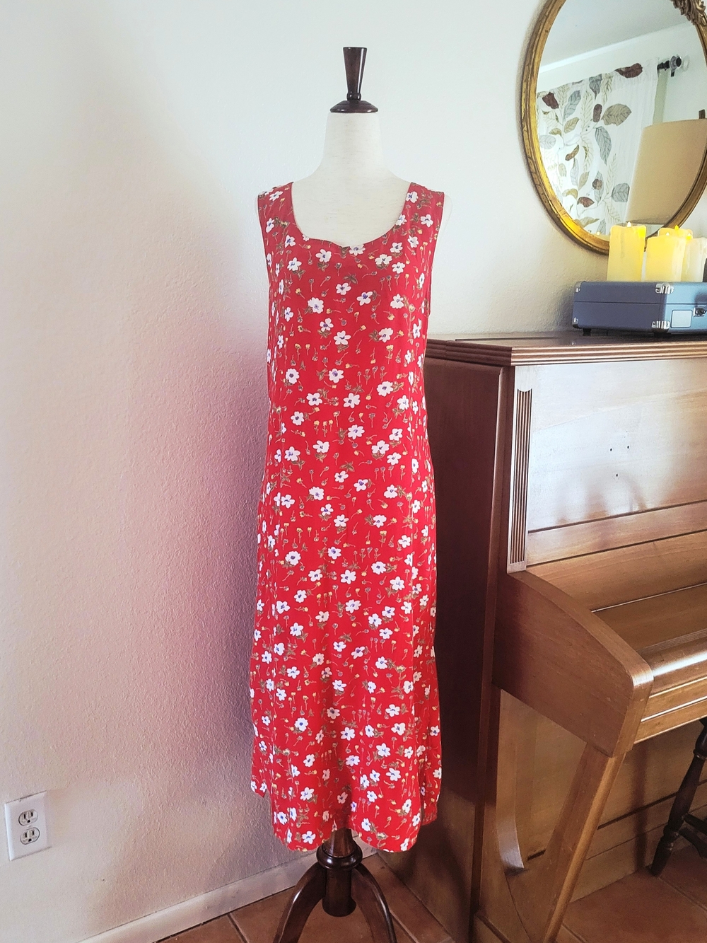 Vintage 90s Red Floral Sleeveless Rayon Dress